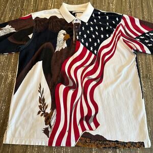 American Summer Vintage AOP Merica Bald Eagle Flag Polo Shirt Cream Mens Size XL